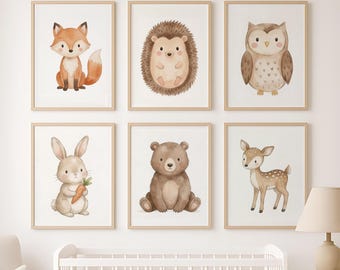 Juego de 20 ilustraciones imprimibles de animales del bosque para pared de guardería.