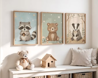 Juego de 3 impresiones de arte de pared para guardería de criaturas del bosque, decoración de habitación infantil con animales bebés