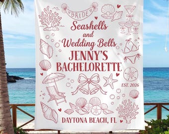 Tapiz personalizado para despedida de soltera, pancarta personalizada con el nombre de la novia para el fin de semana, conchas marinas y campanas de boda.