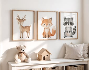 Juego de 3 láminas de arte de pared para guardería de criaturas del bosque