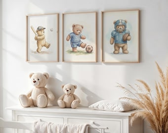 Juego de 3 impresiones de arte de pared para guardería con diseño de osito de peluche deportivo, decoración de guardería con acuarela