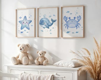 Juego de 3 impresiones de arte de pared de animales marinos para habitación de niños.