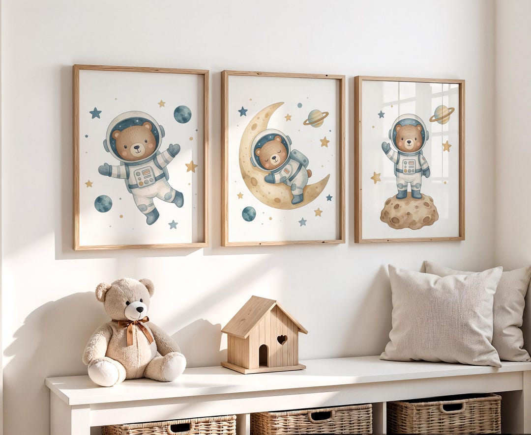 Teddy Bear Outer Space Nursery Wall Art Set of 3 Prints, Bears Nursery ...