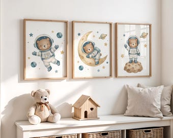 Juego de 3 impresiones de arte de pared para habitación infantil con diseño de oso de peluche y espacio exterior. Decoración infantil con osos.
