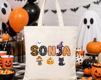 Bolsa de lona personalizada para Halloween, bolsa para pedir dulces con nombre personalizado, regalo para niños en la temporada de Halloween.