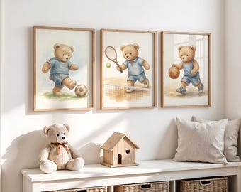 Juego de 3 impresiones de arte de pared vintage con diseño de oso de peluche deportivo para habitación infantil. Decoración infantil con osos.