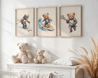 Juego de 3 impresiones de arte de pared para guardería con diseño de osito de peluche deportivo, decoración de guardería con acuarela