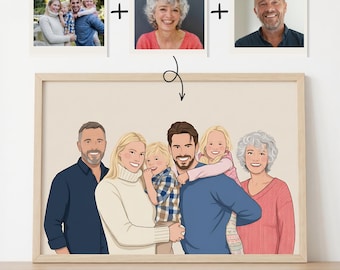 Retrato familiar personalizado de dibujos animados: ilustración personalizada a partir de una foto, regalo con impresión digital