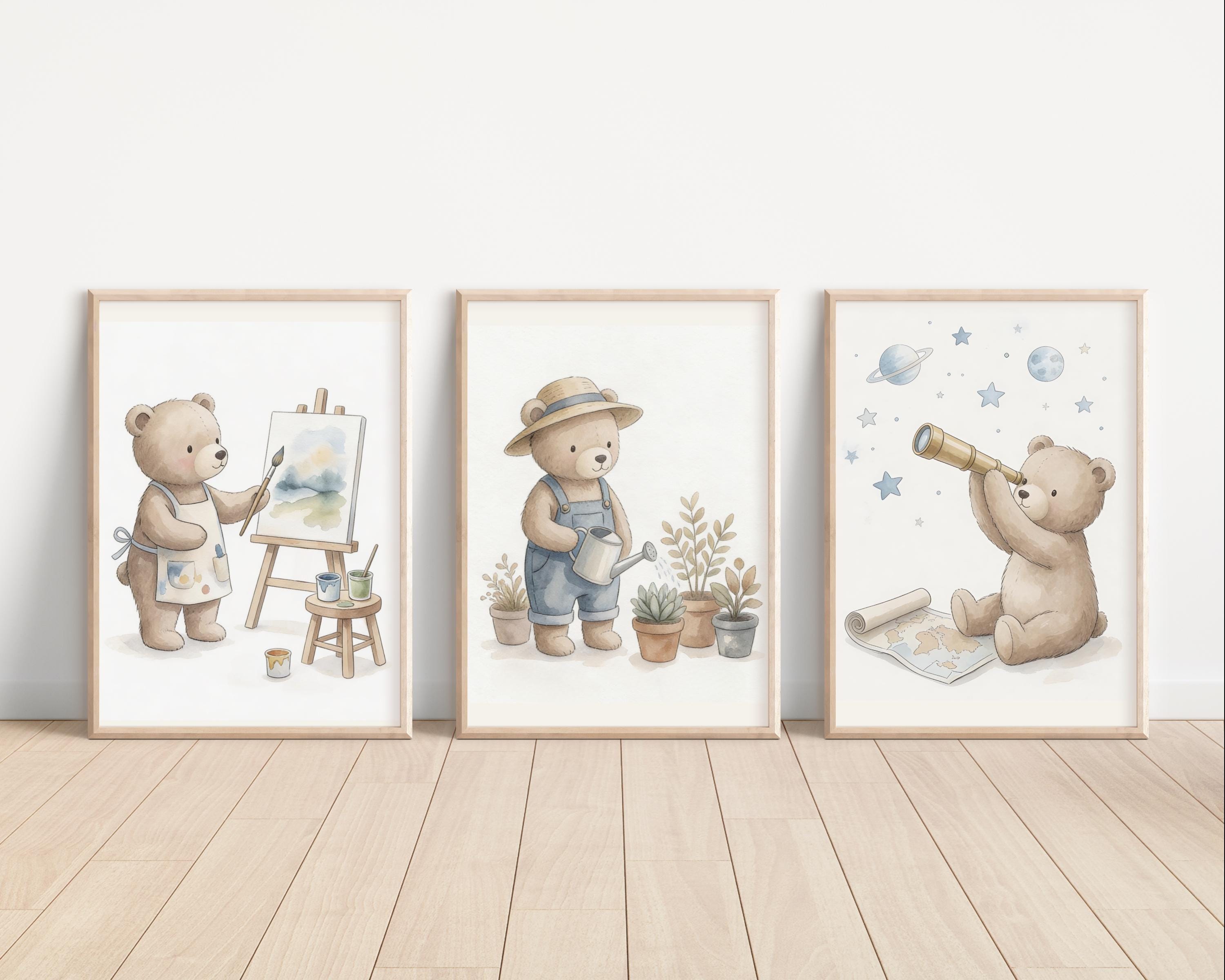 Teddy Bear Nursery Wall Art Set of 3 Prints, Blue Nursery Decor - Etsy