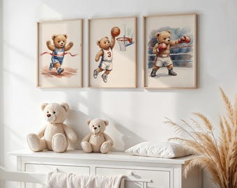 Juego de 3 impresiones de arte de pared para guardería con diseño de osito de peluche deportivo, decoración de guardería con acuarela