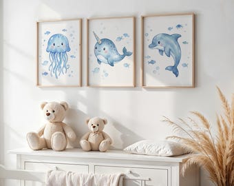 Láminas de arte para guardería de animales marinos, juego de 3, temática submarina