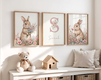 Juego de 3 láminas personalizadas de conejitos rosas para la habitación de niñas.
