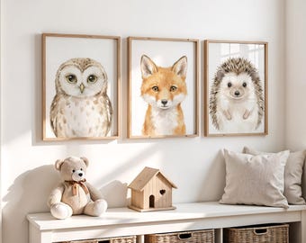 Juego de 3 impresiones de arte de pared para guardería con animales del bosque, decoración de acuarela para habitación infantil