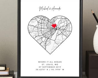 Mapa de dónde empezó todo, dónde nos conocimos: impresión de ubicación en forma de corazón, regalo para una primera cita, mapa de nuestra historia, regalo de aniversario personalizado