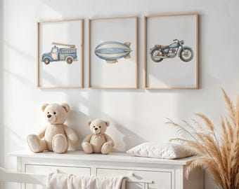 Juego de 3 impresiones de arte de pared para habitación de niños, decoración de vehículos para habitación de niños