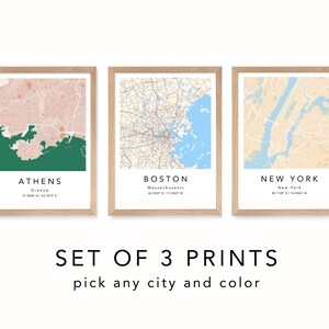 Conjunto de 3 impressões de mapas personalizados, impressões de mapas de cidades personalizados, arte de parede personalizada, pôster de cidade exclusivo para presente, arte de parede de mapa de ruas