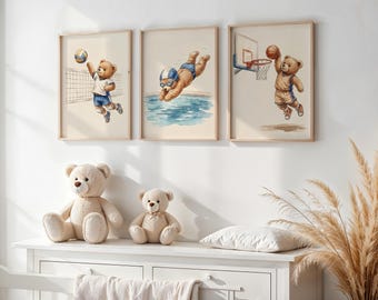 Juego de 3 impresiones de arte de pared para guardería con diseño de osito de peluche deportivo, decoración de guardería con acuarela