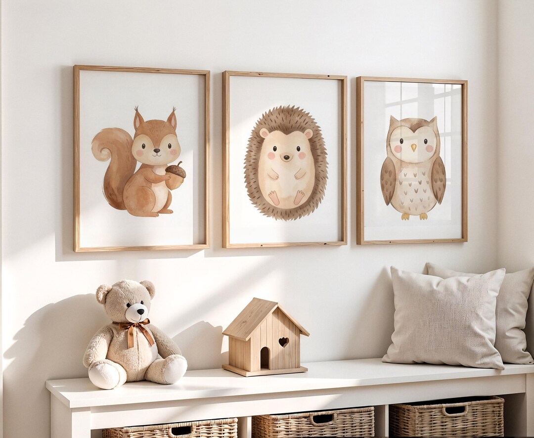 Woodland Animals Nursery Wall Art Set of 3 Prints, Watercolor Boho ...