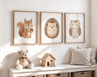 Juego de 3 impresiones de arte de pared para guardería con animales del bosque, decoración bohemia de acuarela
