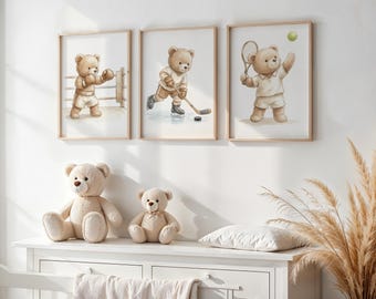 Juego de 3 impresiones de arte de pared para guardería con diseño de osito de peluche deportivo, decoración de guardería con acuarela
