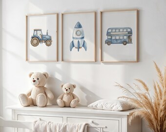 Juego de 3 impresiones de arte de pared para habitación de niños, decoración de vehículos para habitación de niños
