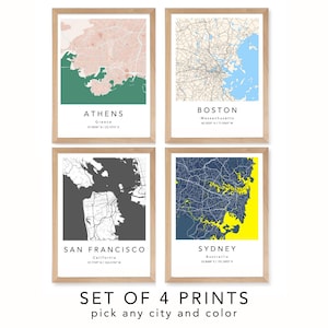 Conjunto de 4 impressões de mapas personalizados, impressões de mapas de cidades personalizados, arte de parede personalizada, pôster de cidade exclusivo para presente, arte de parede de mapa de ruas