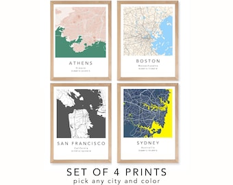 Set of 4 Custom Map Prints, Personalized City Map Prints, Custom Wall Art, Unique City Poster Gift, Street Map Wall Art