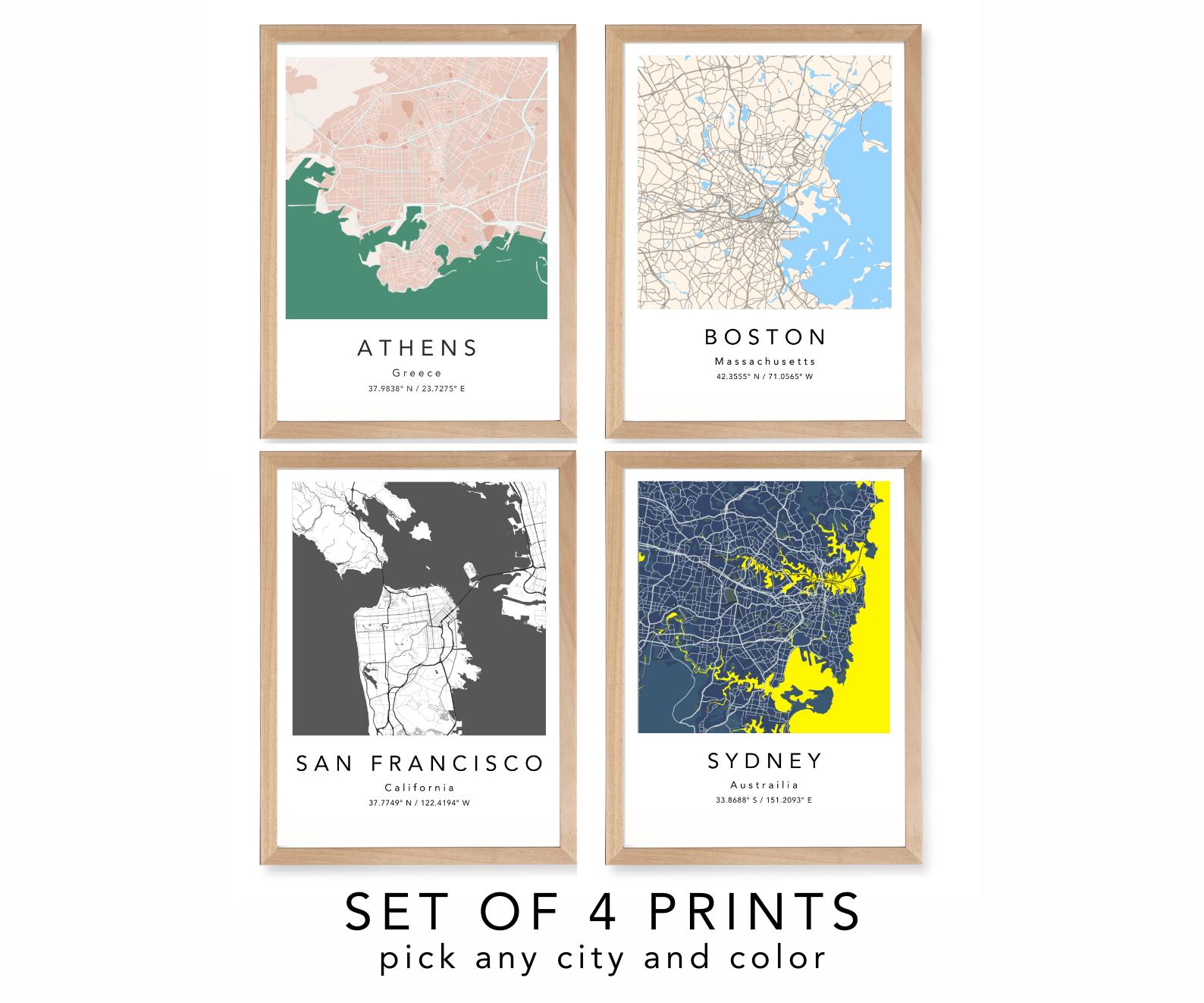 Set of 4 Custom Map Prints, Personalized City Map Prints, Custom Wall ...
