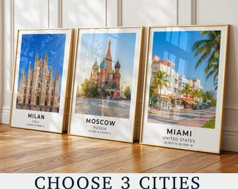 Juego de 3 láminas de ciudades, pósteres de viajes modernos para pared.