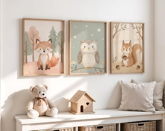 Juego de 3 impresiones de arte de pared para guardería con criaturas del bosque, decoración bohemia con acuarela