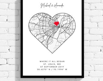 Arte mural con mapa personalizado, impresión de mapa "Dónde empezó todo", regalo de aniversario, regalos de cumpleaños para ella, regalos para la pareja