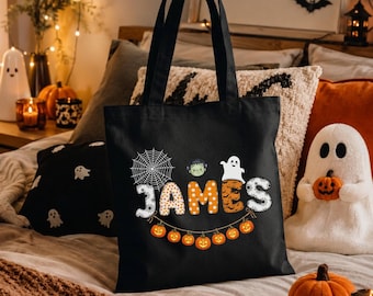 Bolsa de lona personalizada para Halloween, bolsa para pedir dulces con nombre personalizado, regalo para niños en la temporada de Halloween.