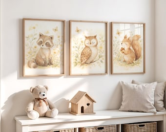 Juego de 3 impresiones de arte de pared para guardería con animales del bosque, decoración bohemia etérea