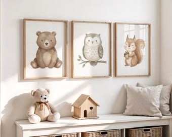 Juego de 3 impresiones de arte de pared para guardería con criaturas del bosque, decoración bohemia con acuarela