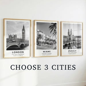 Set of 3 Black and White City Prints, Travel Art Wall Poster, Iconic Cities
