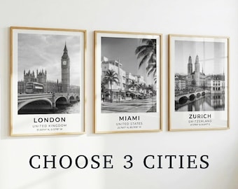 Conjunto de 3 láminas de ciudades en blanco y negro, pósteres de arte de viajes para pared, ciudades emblemáticas.