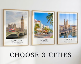 Set of 3 City Prints, Travel Art Wall Poster, Iconic Cities