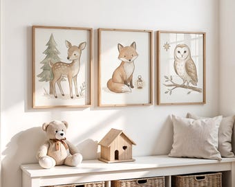 Juego de 3 impresiones de arte de pared para guardería con animales del bosque, decoración bohemia