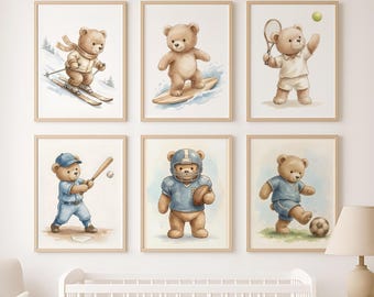 Juego de 20 ilustraciones imprimibles para pared de guardería con diseño de osito de peluche deportivo.