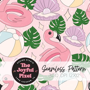 Op de afbeelding: Een naadloos patroon met roze flamingo zwembandjes, schelpen met parels, strandballen en tropische bladeren op een roze achtergrond. De tekst "The Joyful Pixel" staat in een cirkel met een stervormig ontwerp.