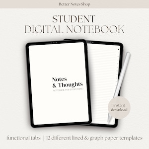 May include: A digital notebook for students with the text "Notes & Thoughts" and "Notebook for Everything". The notebook has 12 different lined and graph paper templates and functional tabs. The image shows a tablet with a white background and a stylus.