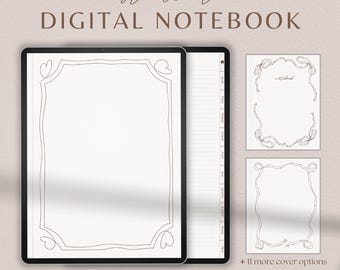 May include: A digital notebook cover template with a simple heart border design. The cover is displayed on a tablet screen. The text "student DIGITAL NOTEBOOK" is at the top of the image. There are three additional cover options shown below the tablet screen.