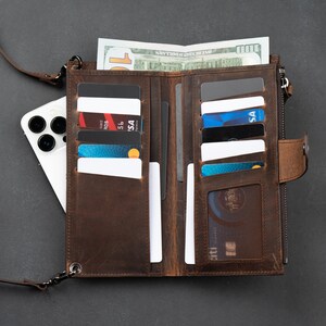 Cartera de Piel con Soporte para Móvil, Cartera Multifuncional Auténtica Unisex con 12 Ranuras para Tarjetas y Organizador Universal con Cremallera Personalizada