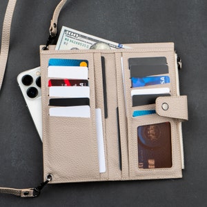 Cartera de Piel con Soporte para Móvil, Cartera Multifuncional Auténtica Unisex con 12 Ranuras para Tarjetas y Organizador Universal con Cremallera Personalizada