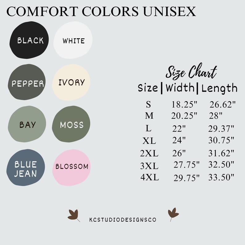 May include: A graphic featuring a color palette and size chart for unisex apparel. The color options include Black, White, Pepper, Ivory, Bay, Moss, Blue Jean, and Blossom. The size chart lists sizes S through 4XL with width and length measurements in inches.