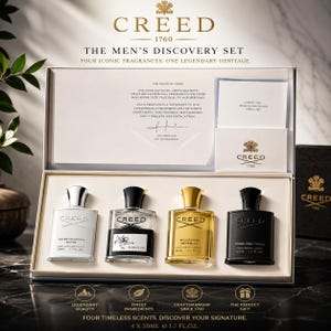 May include: A Creed discovery set containing four 50ml fragrance bottles labeled Silver Mountain Water, Aventus, Millésime Impérial, and Green Irish Tweed. The white presentation box features the brand logo, text, and a card insert.