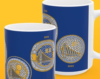 Golden State Warriors 15 oz XL Coffee Mug, NBA Basketball Curry Splash Brothers Dynasty Graphic Illustration, Art Gift Memorabilia Sports