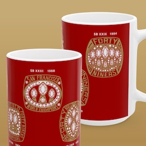 San Francisco 49ers 15oz Coffee Tea Mug, Super Bowl Rings NFL Memorabilia Gift, Joe Montana Steve Young Jerry Rice, SF Forty Niner football