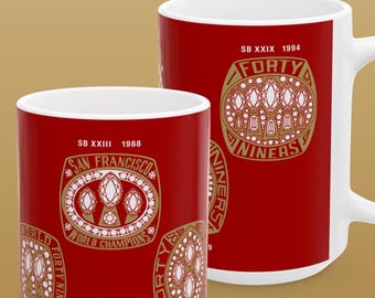 San Francisco 49ers 15oz Coffee Tea Mug, Super Bowl Rings NFL Memorabilia Gift, Joe Montana Steve Young Jerry Rice, SF Forty Niner football