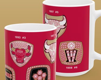 Chicago Bulls 15 oz XL Coffee Tea Large Mug, NBA Basketball Michael Jordan Pippen Rodman Dynasty Graphic Art Gift Memorabilia Sports Chitown